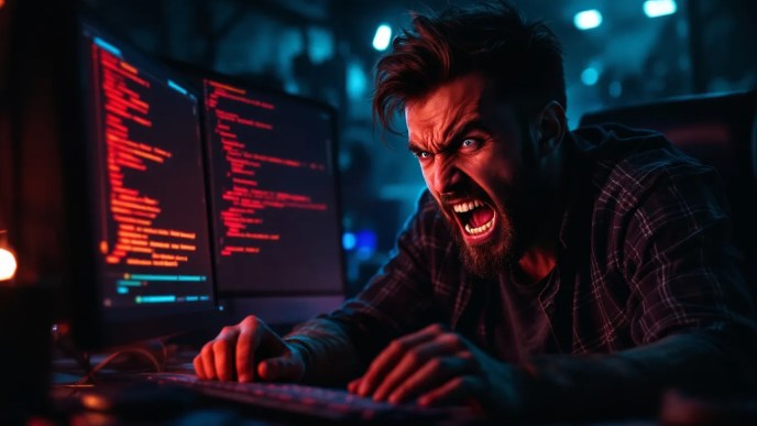 Frustrated developer looking at persistent PowerShell error messages on a screen despite using Try-Catch.