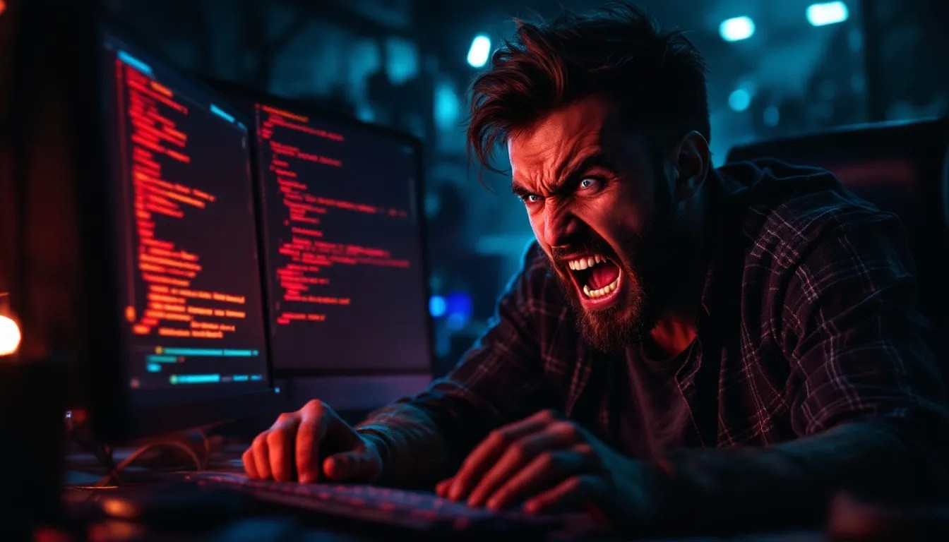 Frustrated developer looking at persistent PowerShell error messages on a screen despite using Try-Catch.