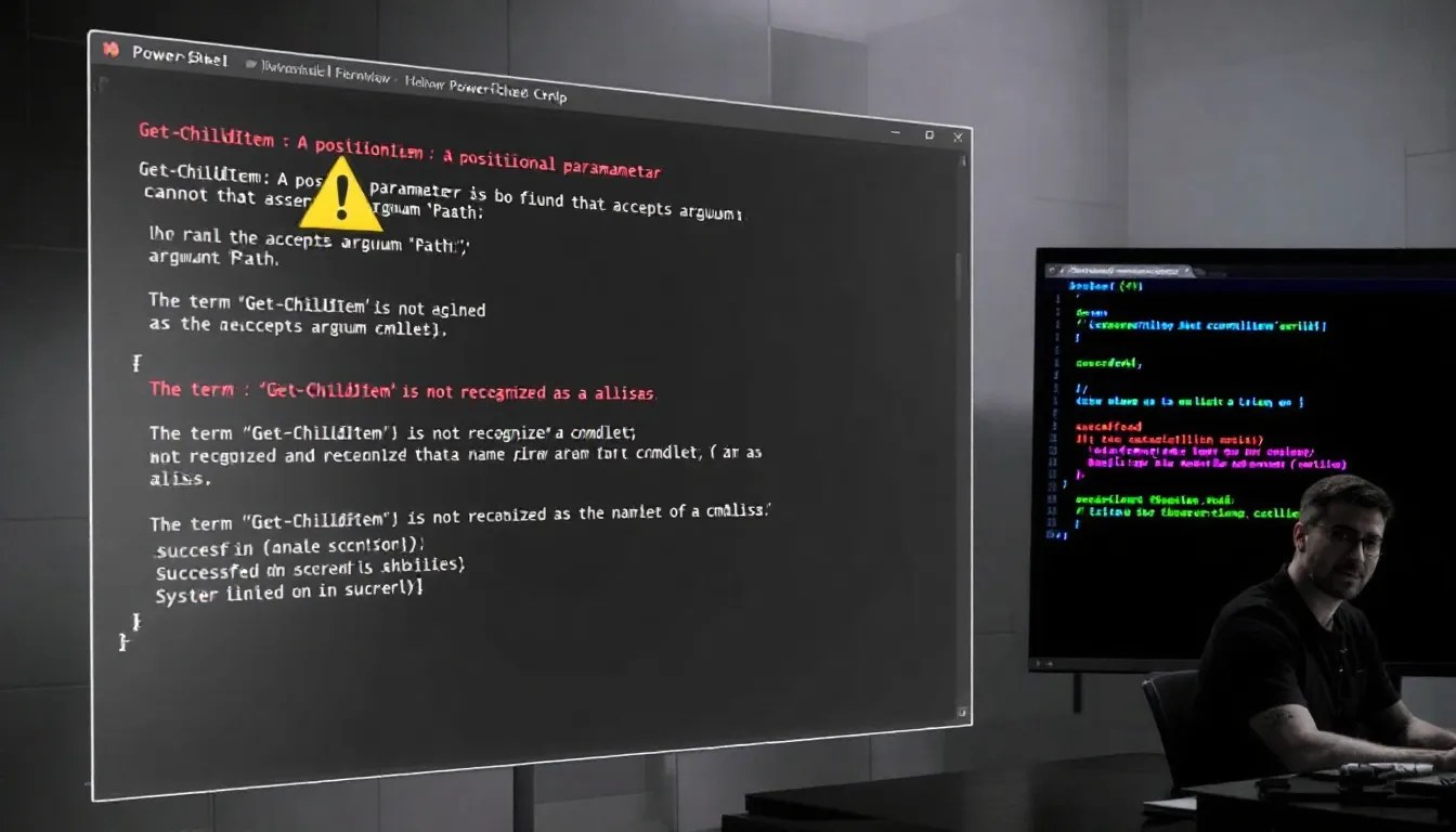 PowerShell terminal showing Get-ChildItem errors with a coding background, a warning icon, and a system administrator debugging with logs.