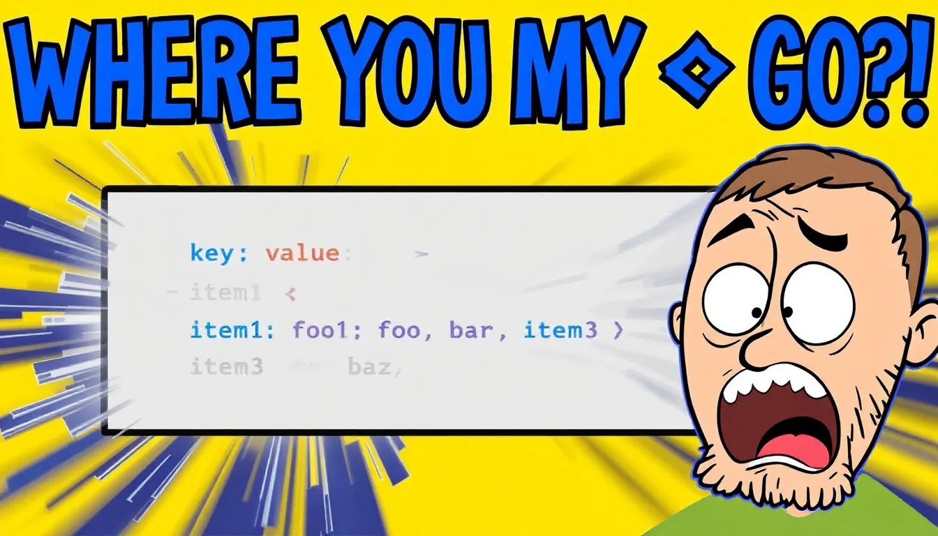 Illustration of YAML code with disappearing backslashes and a confused developer, highlighting ruamel.yaml string handling challenges.