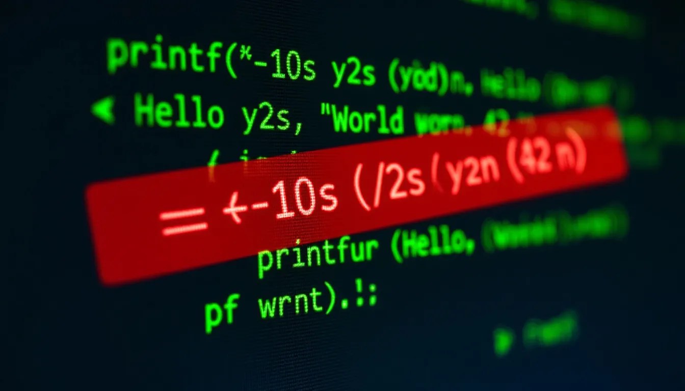 Illustration of a terminal output with a misformatted `printf` statement, showcasing common formatting issues in C programming.