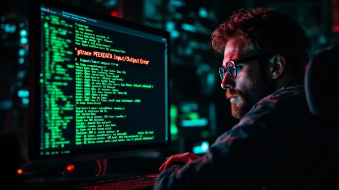 Developer debugging ptrace input/output error in C++, examining memory addresses and system permissions.
