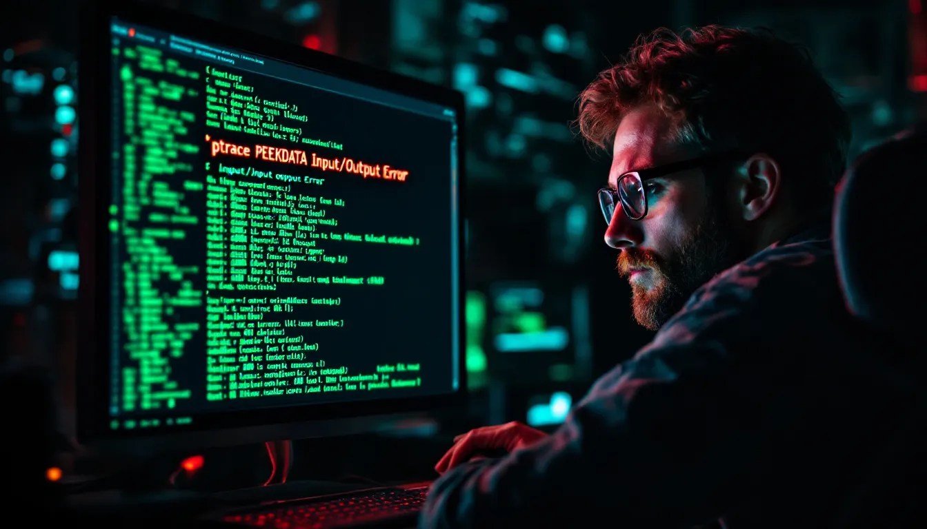 Developer debugging ptrace input/output error in C++, examining memory addresses and system permissions.