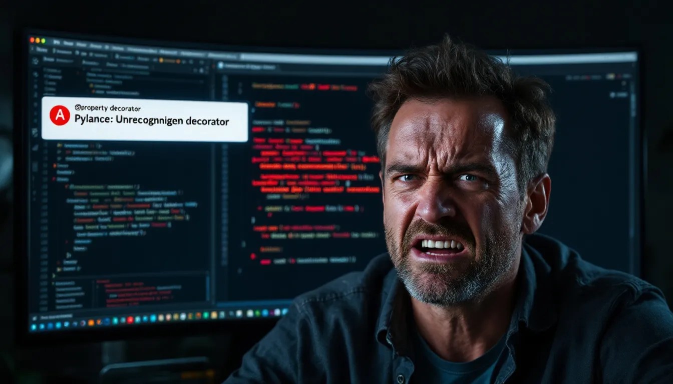 Developer troubleshooting a Pylance error with the @property decorator in VS Code, puzzled by an unrecognized decorator warning.