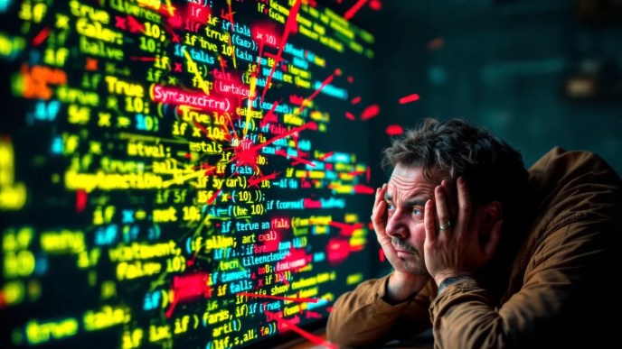 A frustrated programmer looking confused at a Python `if` statement with logical errors and misleading conditions, highlighting incorrect boolean logic concepts.
