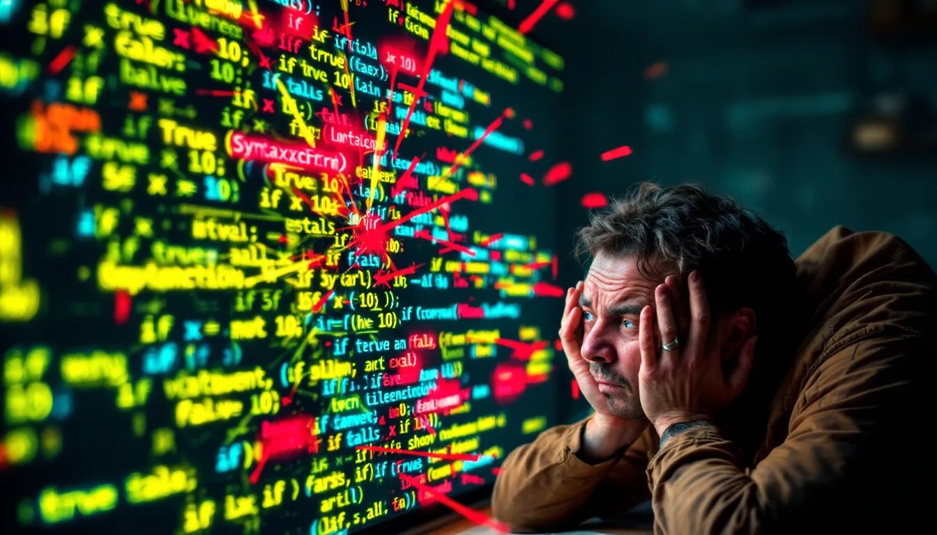 A frustrated programmer looking confused at a Python `if` statement with logical errors and misleading conditions, highlighting incorrect boolean logic concepts.