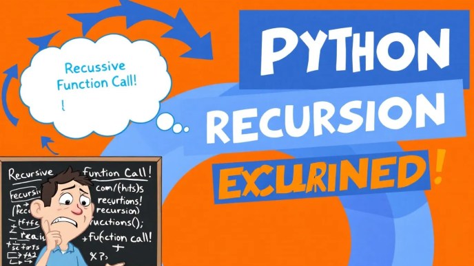 Visual representation of a Python recursive function with a looping flowchart and a frustrated developer, highlighting common recursion mistakes.