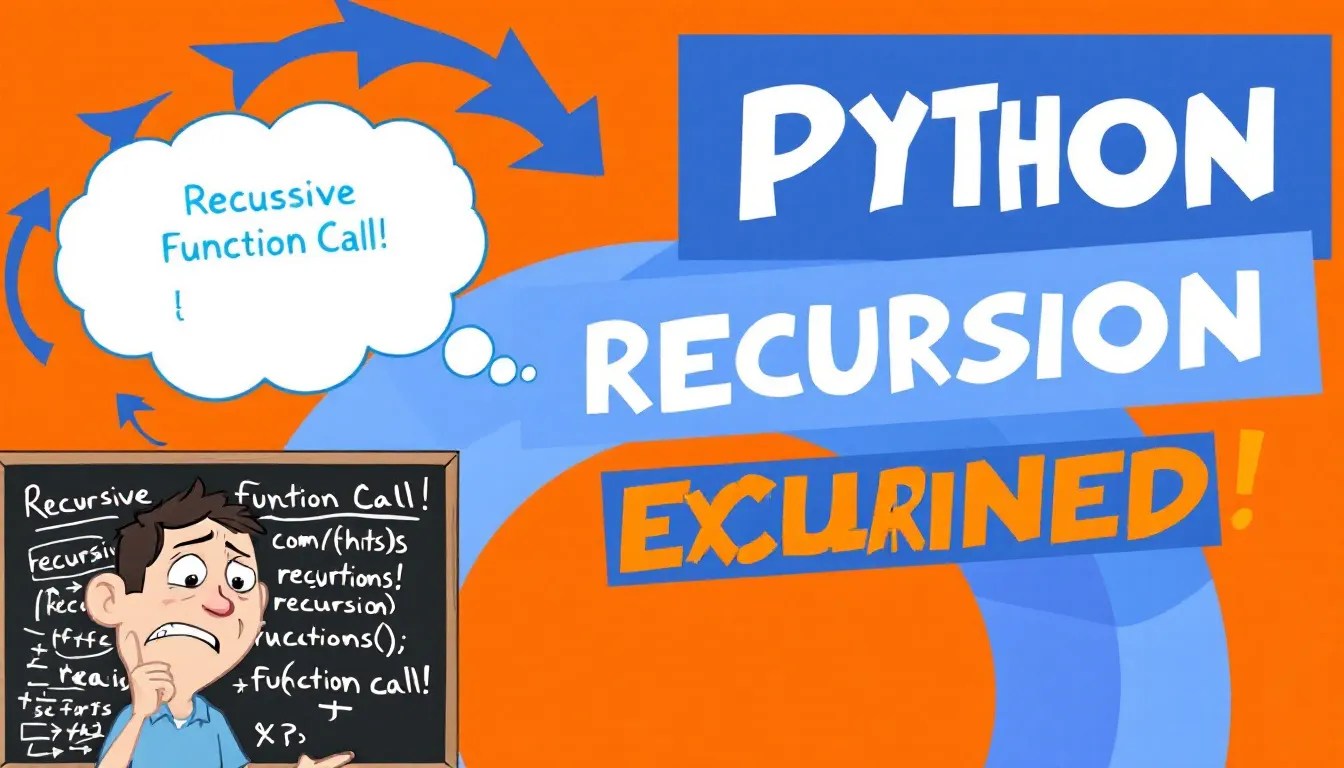 Visual representation of a Python recursive function with a looping flowchart and a frustrated developer, highlighting common recursion mistakes.