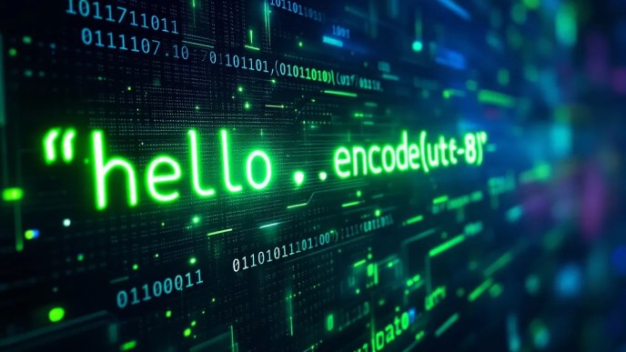 Illustration of Python code converting a string into bytes with futuristic binary and hexadecimal elements.