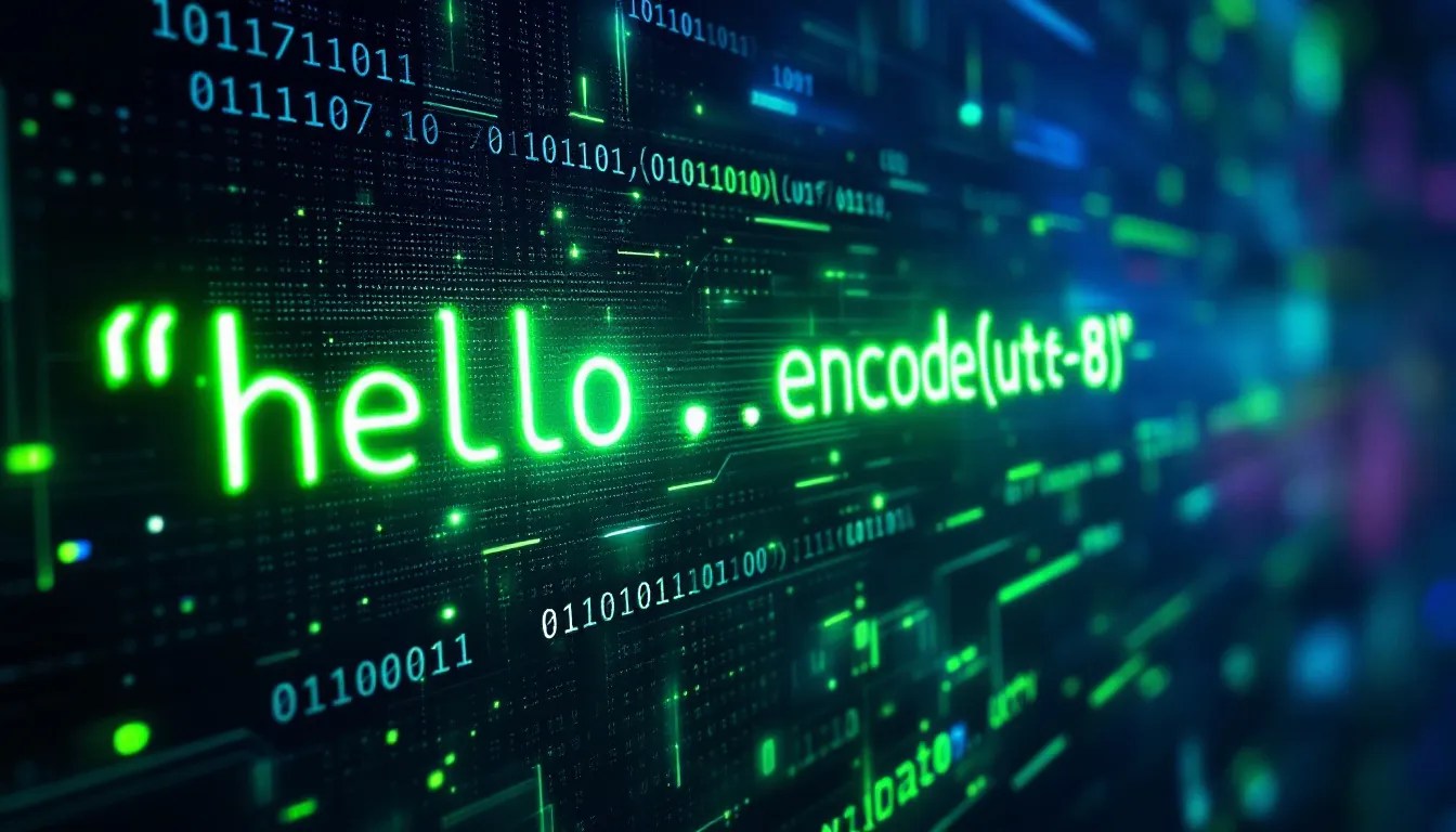 Illustration of Python code converting a string into bytes with futuristic binary and hexadecimal elements.