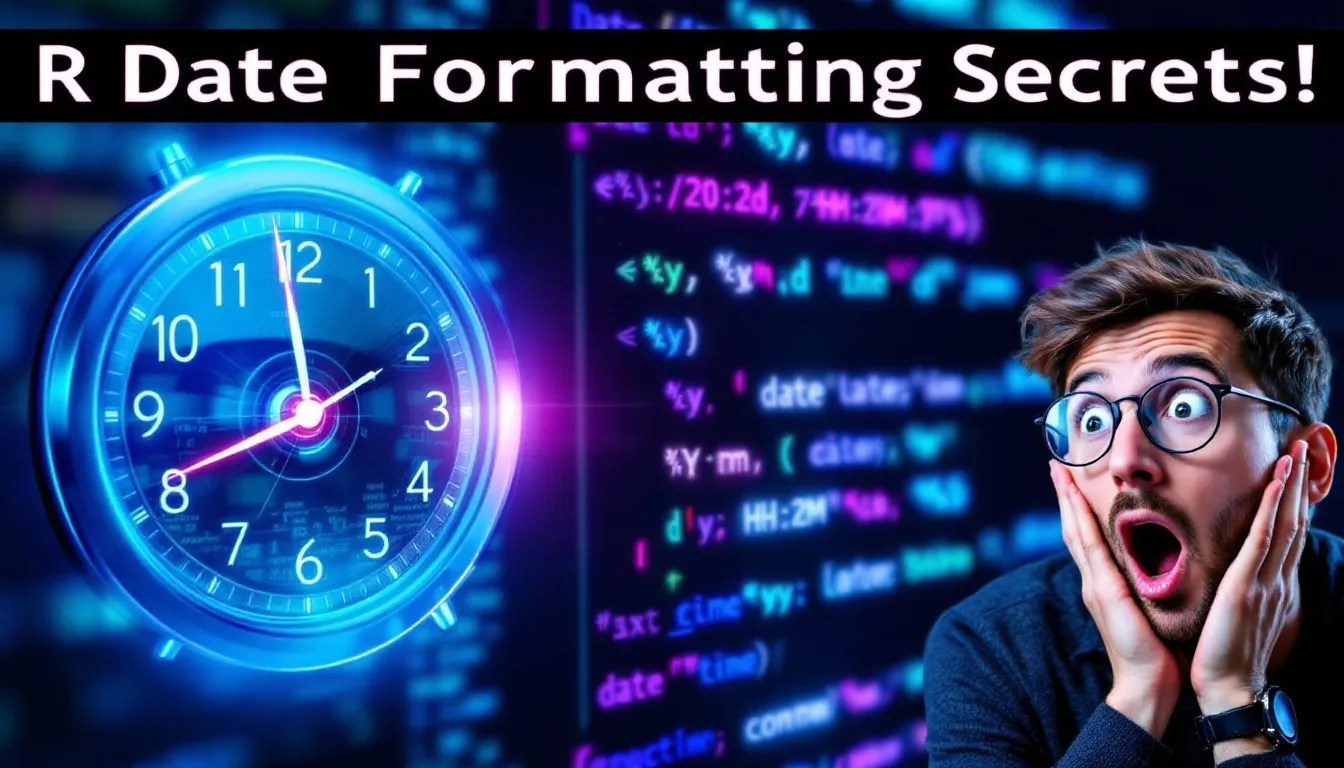 R programming date-time format symbols with a glowing code snippet and a clock, representing time manipulation in R.