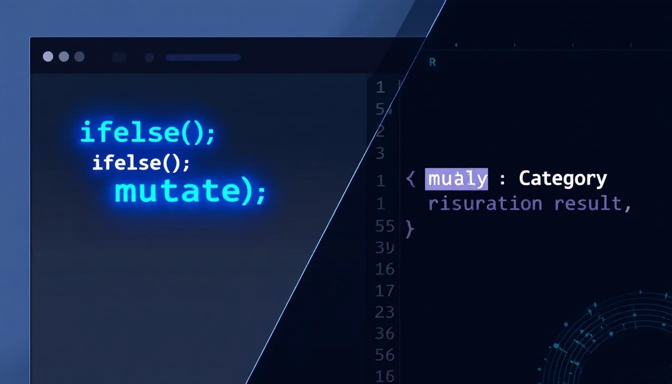 R programming tutorial thumbnail showing an ifelse() function in an R script and a resulting data table with a new column.
