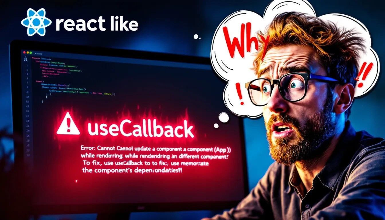 Frustrated developer looking at a ReactJS code snippet with a useCallback function, struggling with outdated state issues.