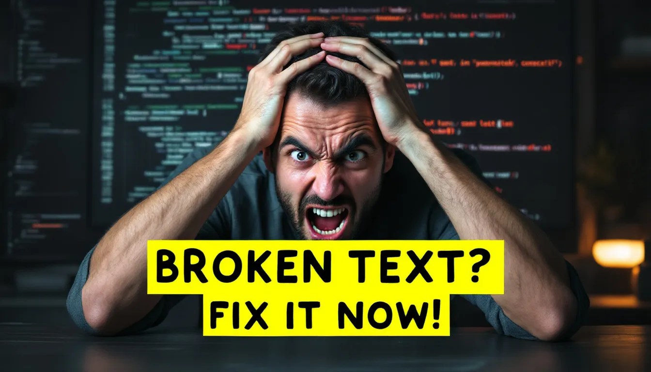 Frustrated developer looking at a computer screen filled with garbled text and broken characters, emphasizing encoding issues and data recovery.