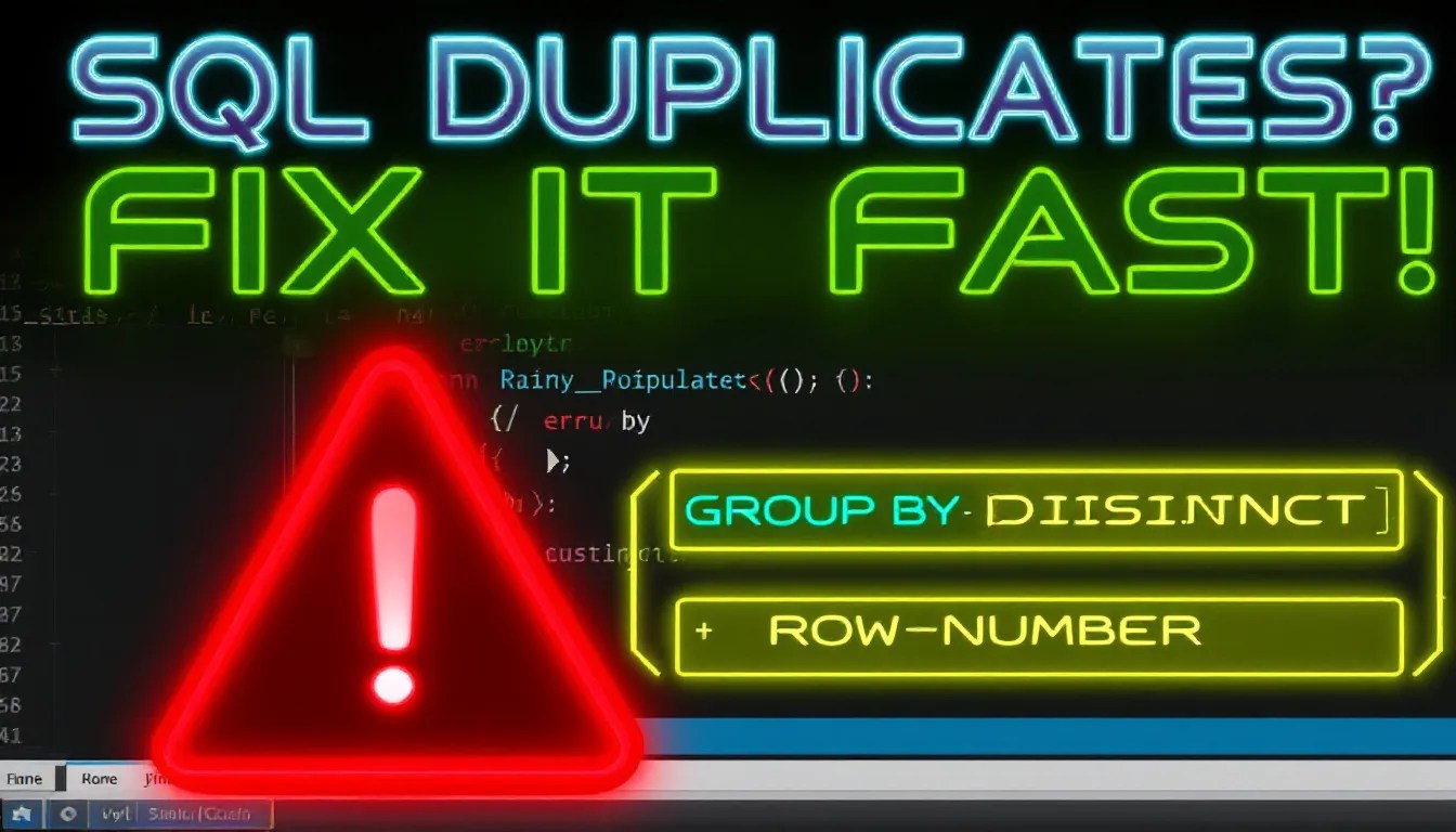 SQL duplicate removal tutorial featuring GROUP BY, DISTINCT, and ROW_NUMBER functions with query examples.