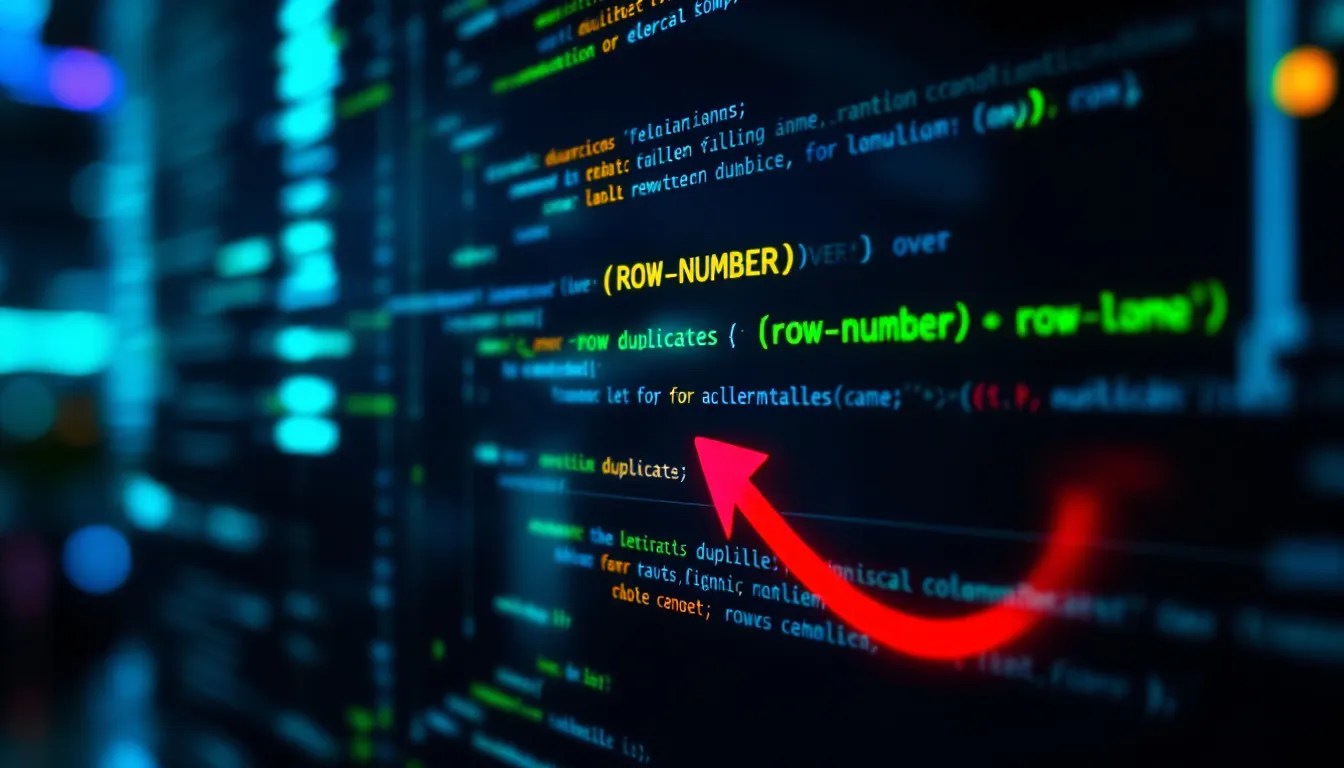 SQL query removing duplicate rows while keeping multiple occurrences using ROW_NUMBER() function, displayed in a dark-themed SQL editor with a red arrow highlighting key parts of the code.