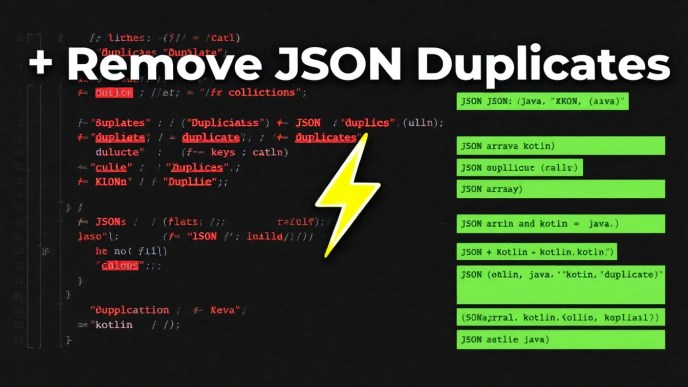 Highlighted JSON array with duplicate entries in red and cleaned-up distinct entries in green, alongside Java and Kotlin logos, emphasizing JSON deduplication techniques.
