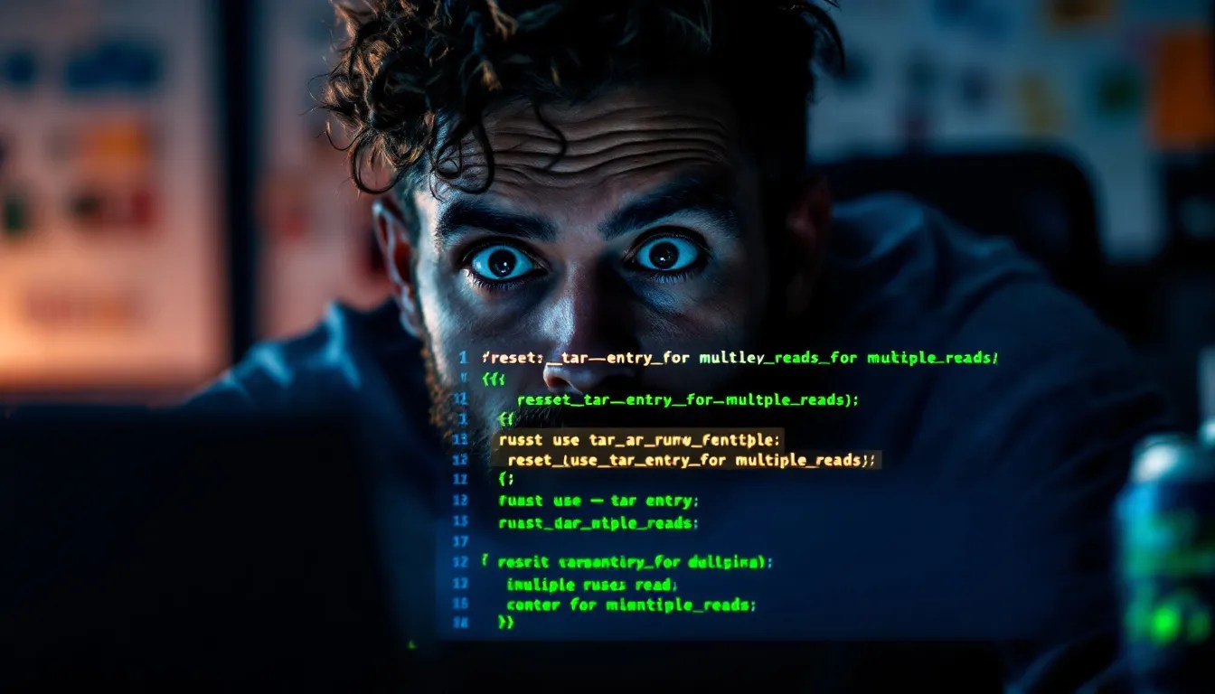 Rust developer amazed while resetting a tar entry for multiple reads, with code displayed on their screen showing file handling in Rust.