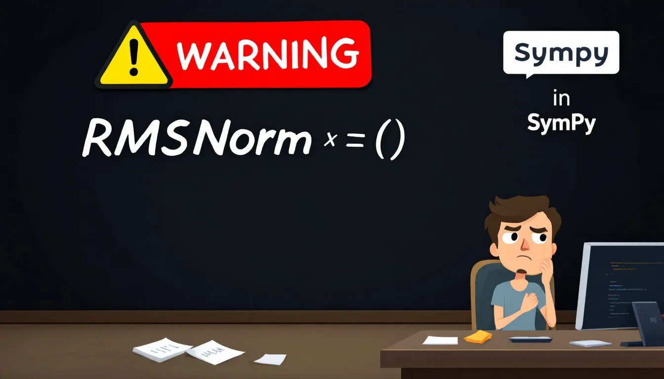 Visual representation of RMSNorm differentiation using SymPy, featuring summation symbols, Python code snippets, and common pitfalls highlighted.