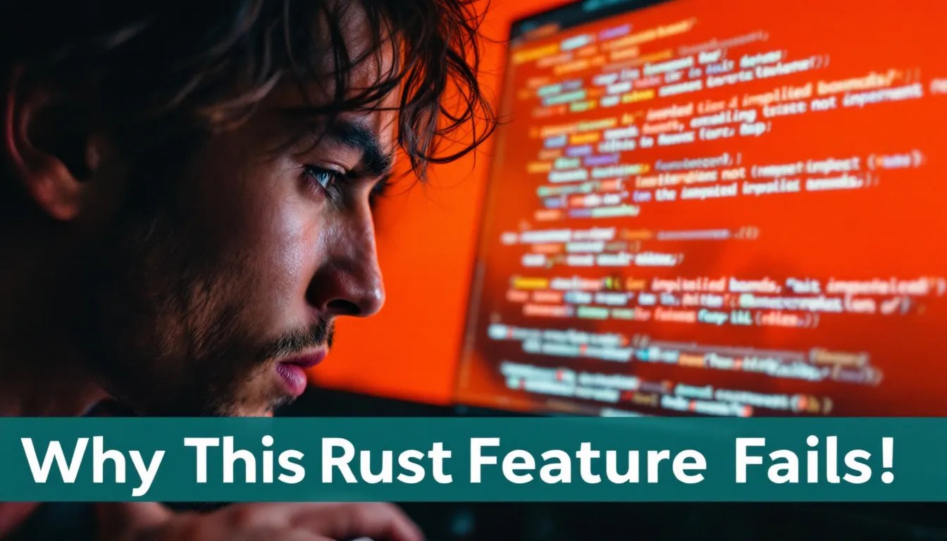 A frustrated Rust developer looking at a screen displaying Rust compiler errors related to implied bounds and associated types.