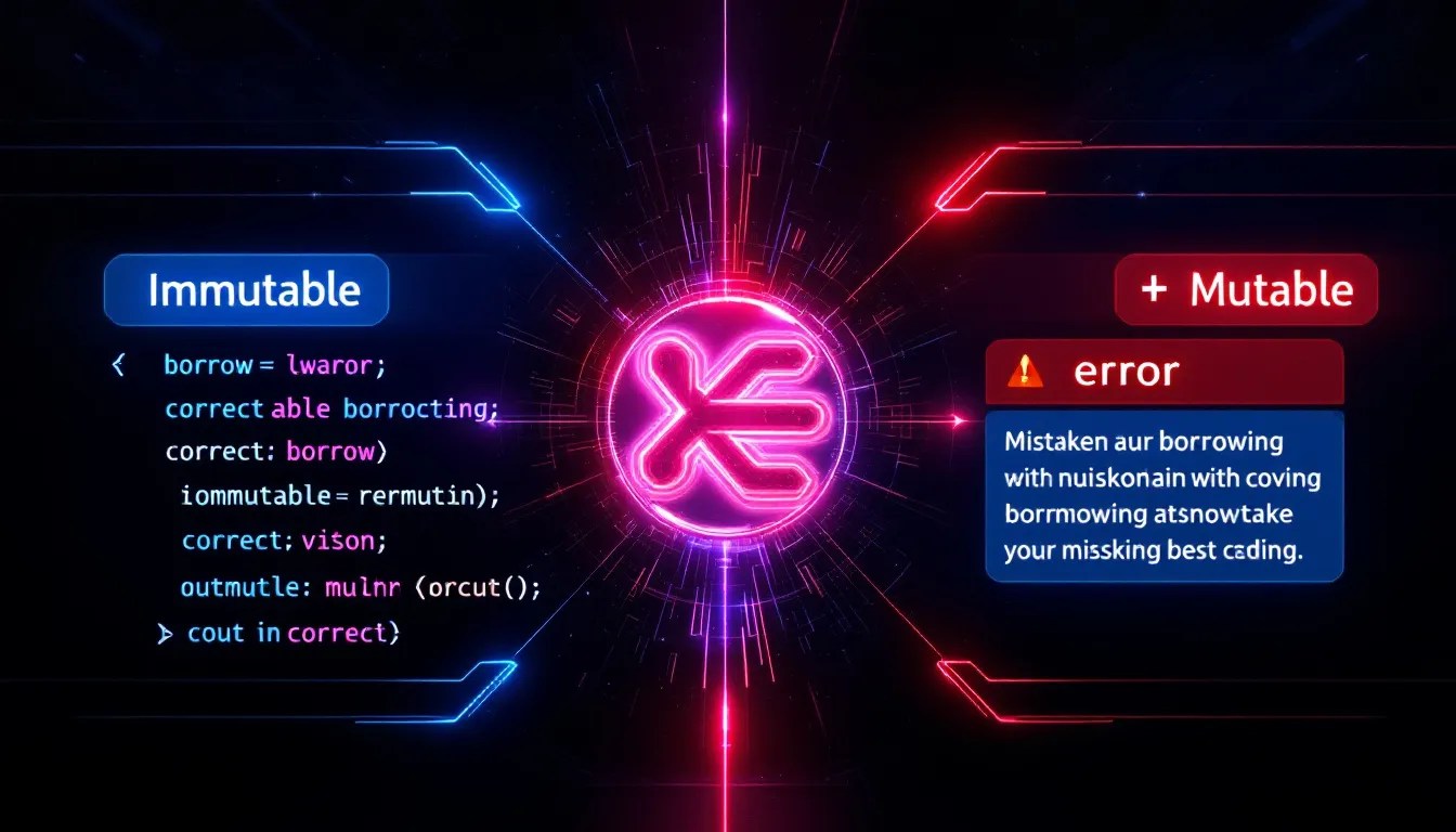 Rust borrowing guide illustration with immutable and mutable references, showcasing correct and incorrect code usage.