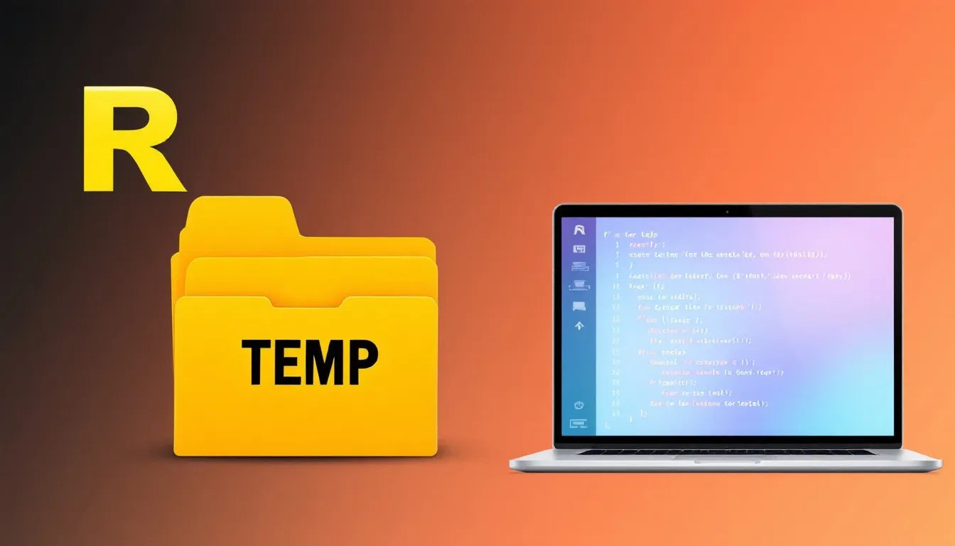 Illustration of an R logo, a temporary folder, and R code on a laptop screen, visually representing how to save models to tempdir() in R.