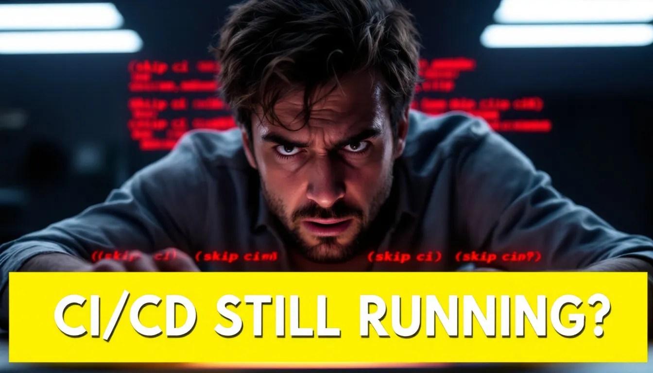 Frustrated developer looking at CI/CD pipeline failure with `[skip ci]` highlighted, showing why skipping CI isn't working.