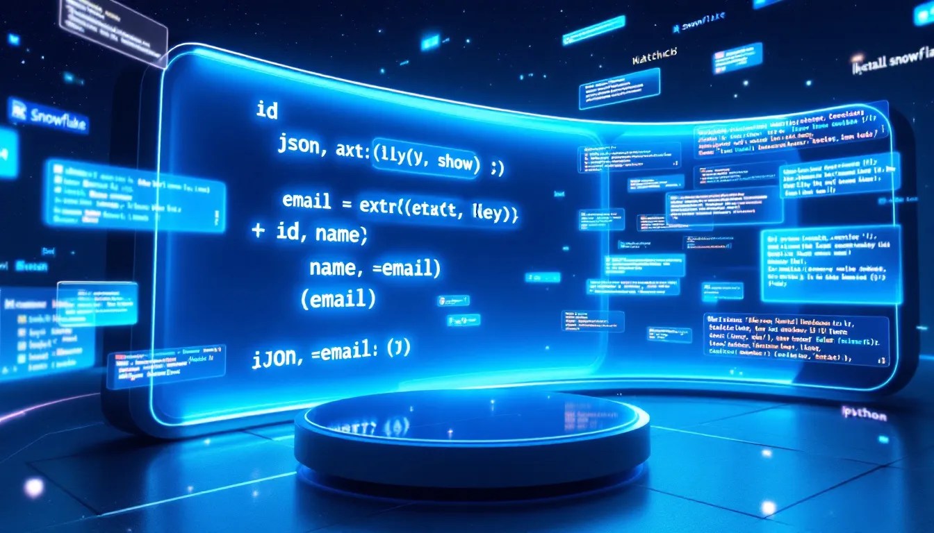 Visual representation of Snowflake processing JSON data, dynamically matching and extracting keys using PARSE_JSON.