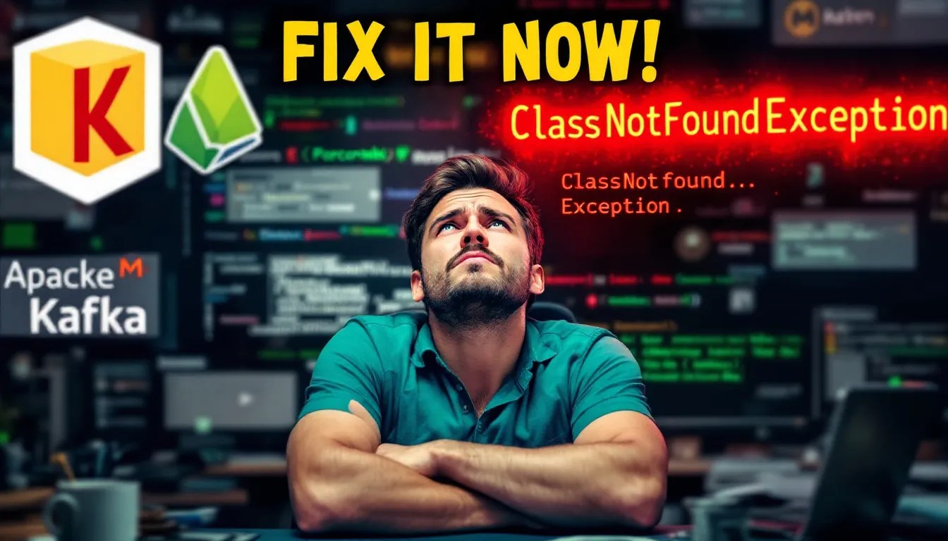 Frustrated developer facing a Spring Kafka ClassNotFoundException error with terminal logs and dependency management tools visible.