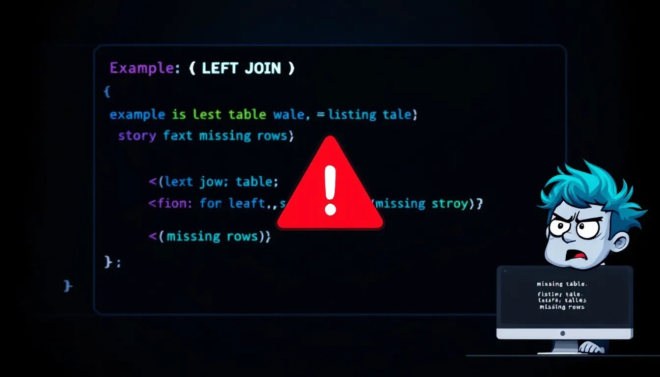 SQL query with LEFT JOIN and a warning sign indicating a filtering mistake causing missing rows.