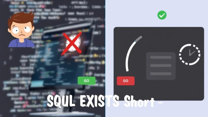 SQL Server EXISTS short-circuiting issue explained with a frustrated developer, a speedometer showing performance optimization, and SQL query execution analysis.