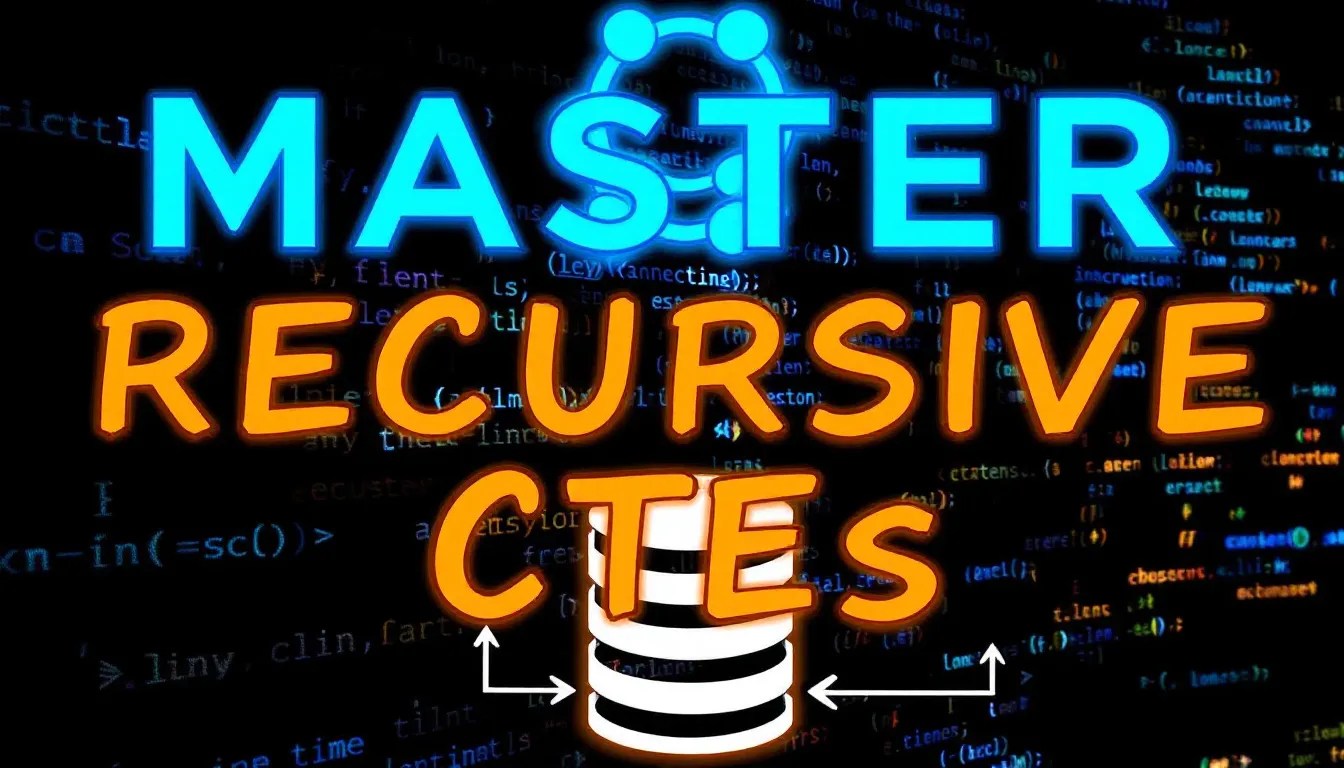 Illustration of a recursive SQL query in SQLite, showing a looping database hierarchy with arrows, on a dark-themed background with glowing syntax highlighting.