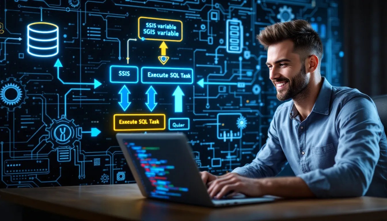 SSIS Execute SQL Task using multiple variables in SQL Server 2019, featuring a flowchart and database integration process.