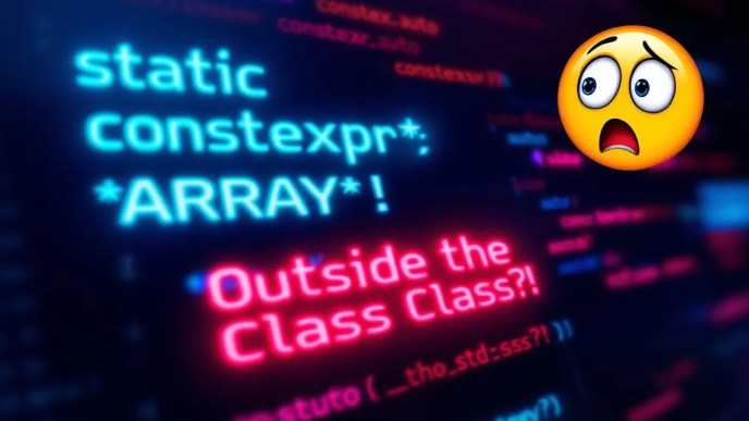 A visually engaging thumbnail with glowing C++ code snippets, bold text questioning static constexpr array placement, and a shocked developer emoji to grab attention.