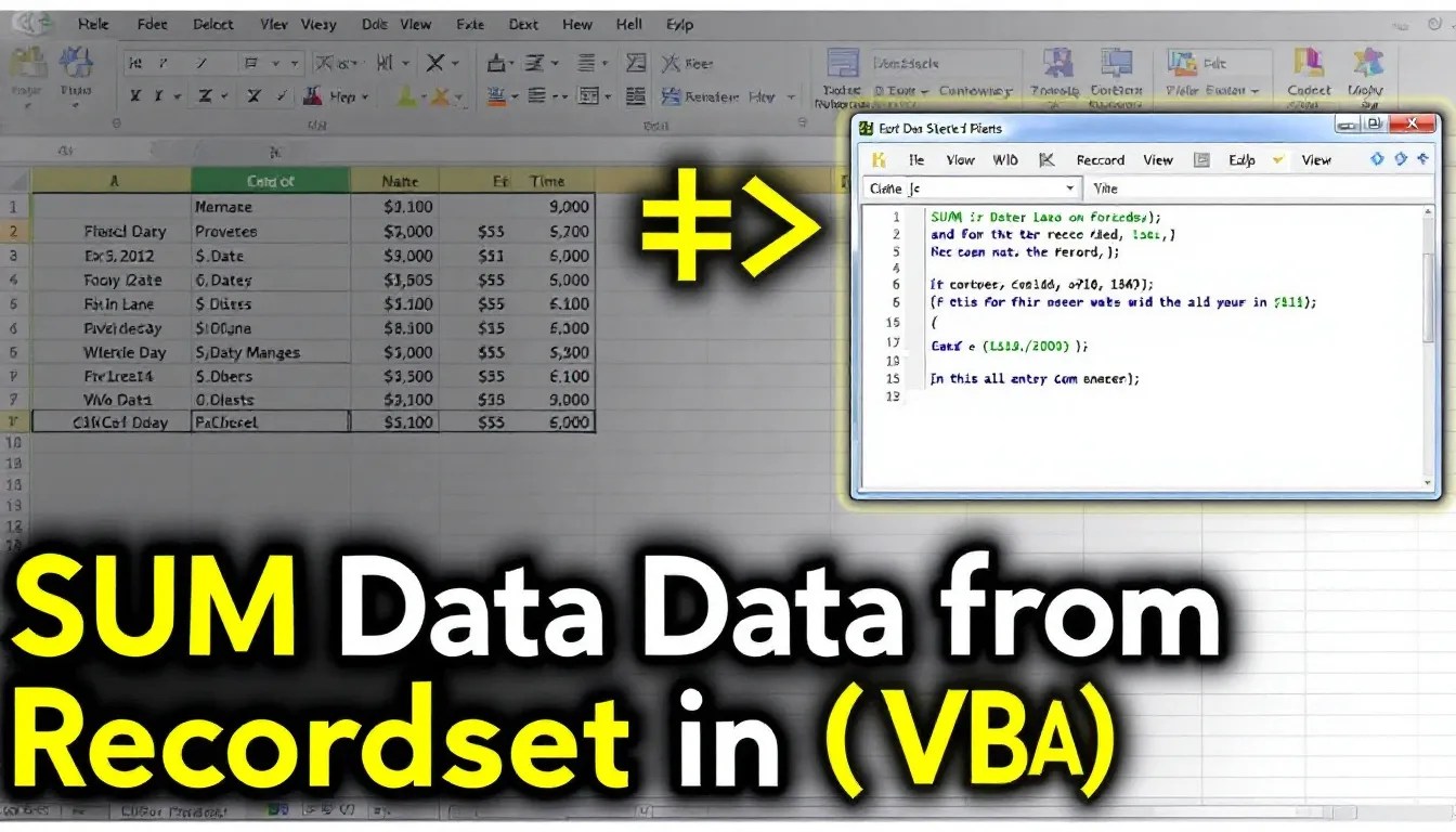 Excel VBA code editor with a highlighted script for summing data from a recordset, alongside a spreadsheet displaying numerical values.