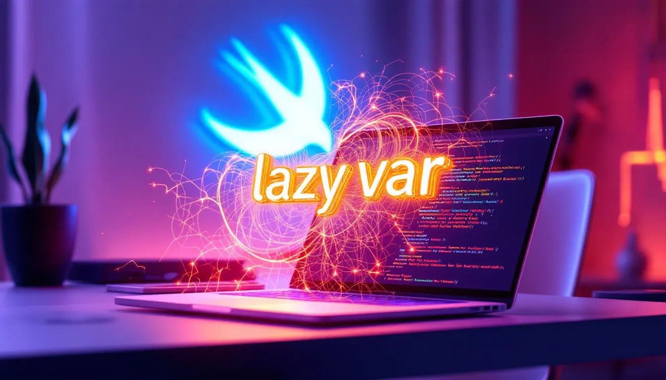 Swift lazy var fixing a common property initialization error in Xcode, visualized with glowing code and futuristic UI elements.