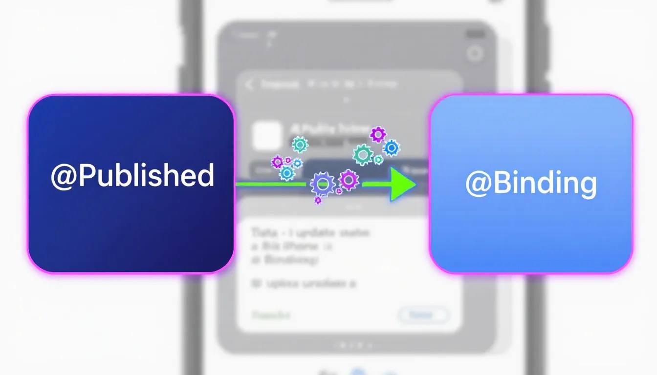 A visual comparison of @Published vs @Binding in SwiftUI with arrows demonstrating data flow and iPhone UI updates.