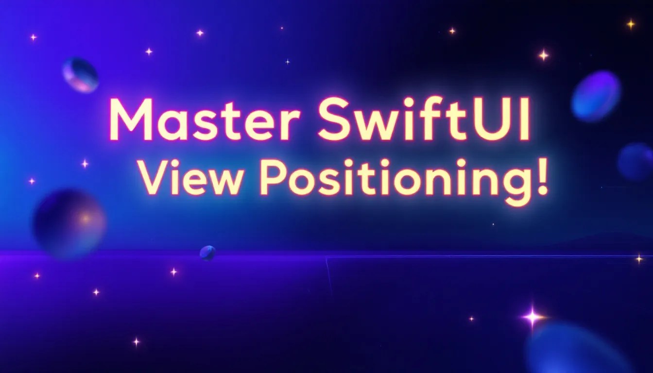 Illustration of SwiftUI view positioning concepts, including VStack, HStack, and ZStack with glowing UI wireframes and an iPhone mockup.