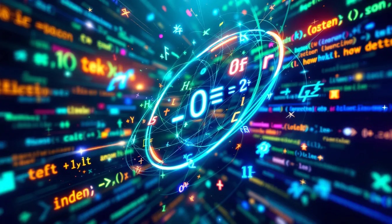 Illustration of symbolic algebra with glowing mathematical equations and PHP code, highlighting algebraic computation in programming.