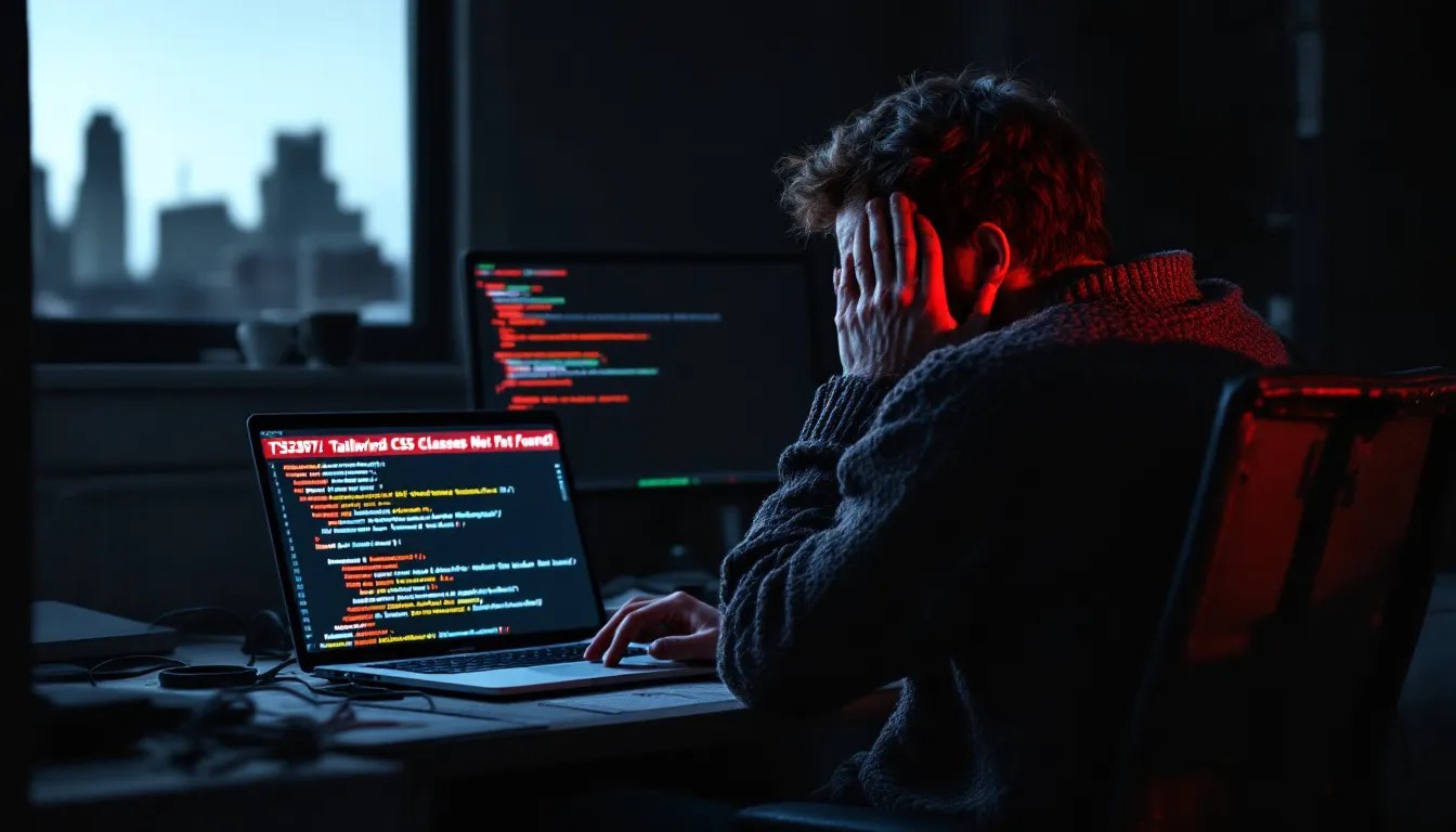 Frustrated developer troubleshooting Tailwind CSS not generating classes in a Vite + React project, with an error message displayed on the screen.