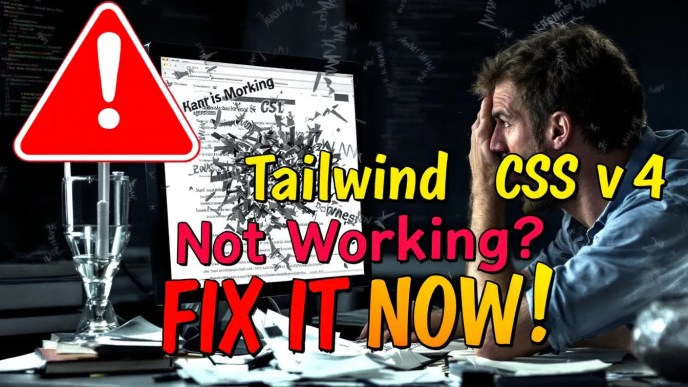 Frustrated developer looking at a broken website with missing Tailwind CSS styles, with a warning message about class scanning issues.