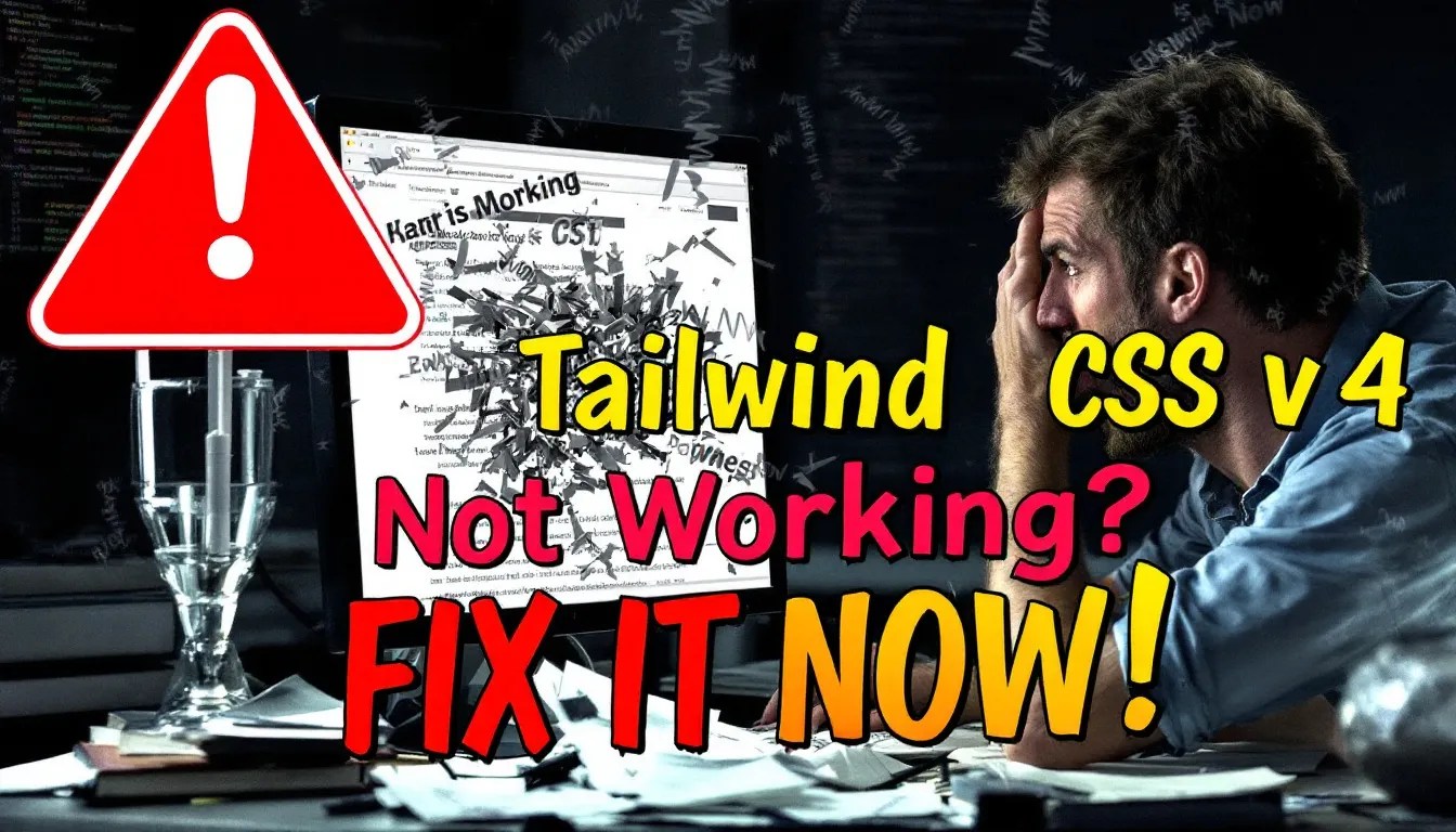 Frustrated developer looking at a broken website with missing Tailwind CSS styles, with a warning message about class scanning issues.