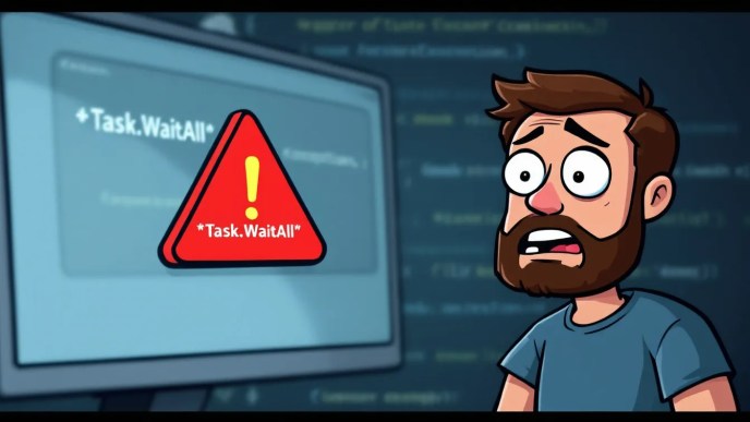 Confused developer looking at C# error console with Task.WaitAll code and an exception warning.