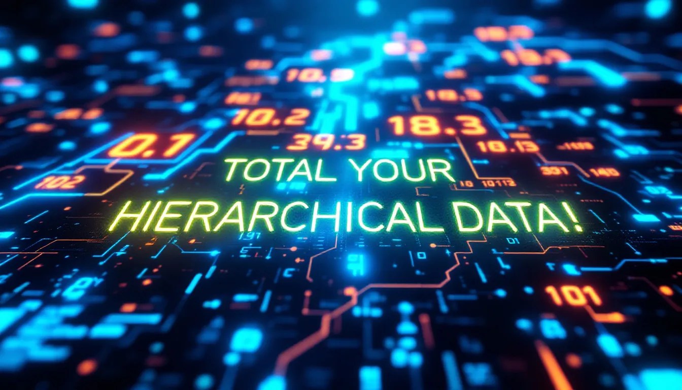 A futuristic visualization of a hierarchical tree structure with nodes connecting dynamically, featuring JavaScript code snippets and bold values being summed in real-time.