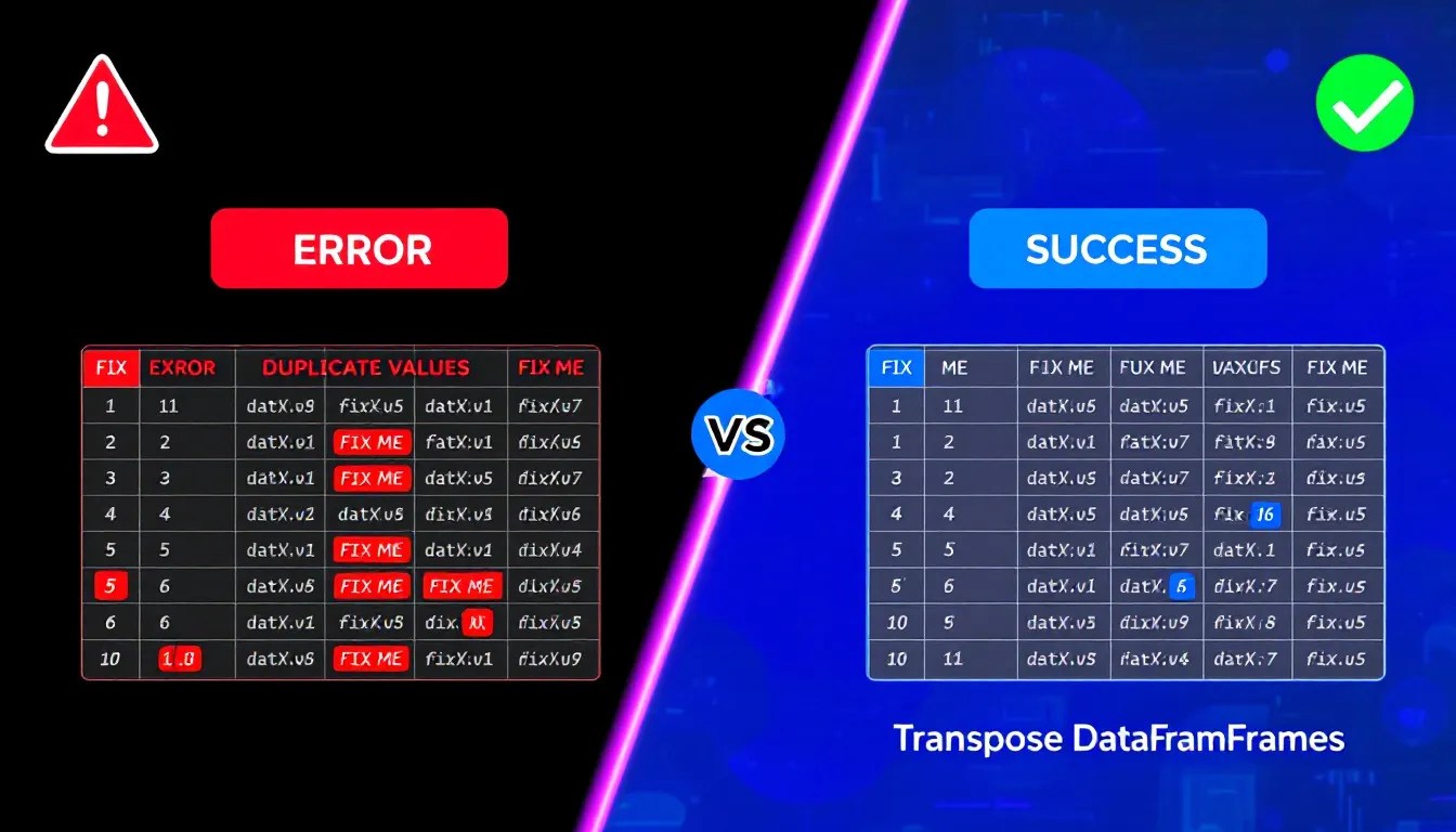 Visual representation of transposing a Pandas DataFrame, showing a before-and-after transformation with structured and unstructured data, emphasizing data cleaning and reshaping.