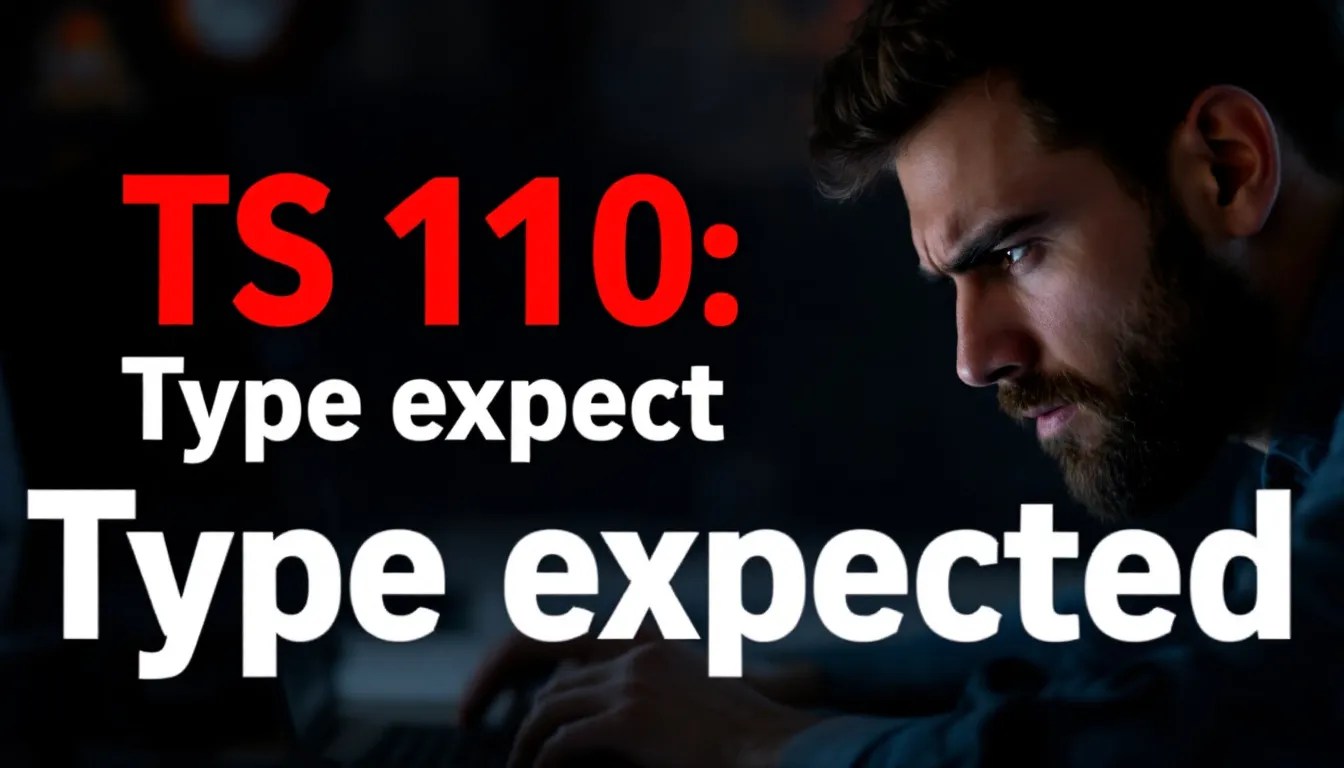 Developer looking at a screen with TypeScript error TS1110 message, highlighting the 'Type expected' syntax issue and solution hints.