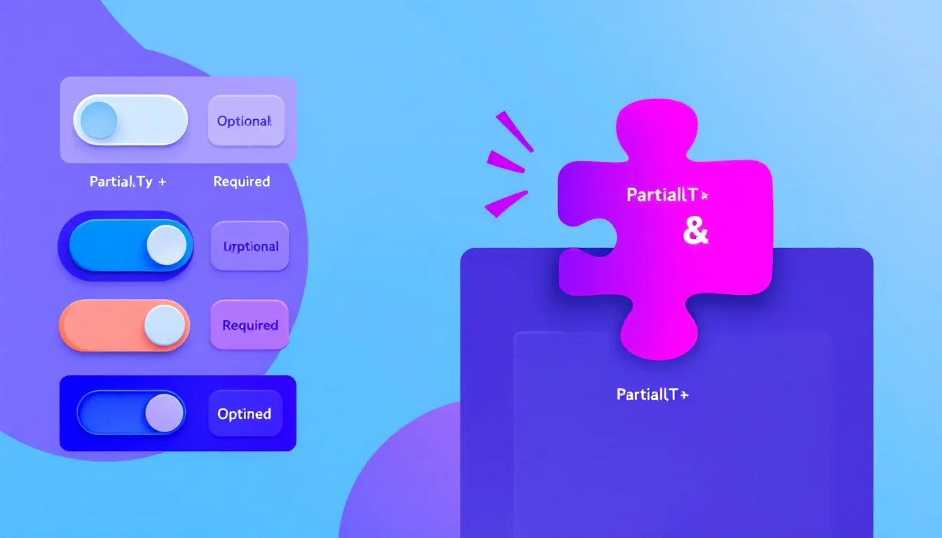 Illustration of TypeScript's Partial utility interacting with intersection types, featuring code snippets and the TypeScript logo.
