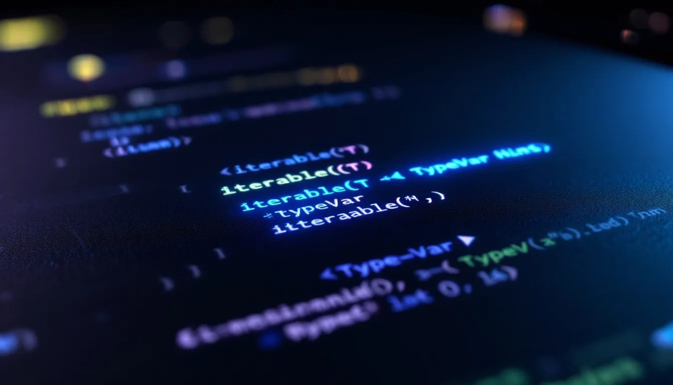 Python type hints on a futuristic programming interface displaying `Iterable[T]` and `TypeVar` for generic iterables.