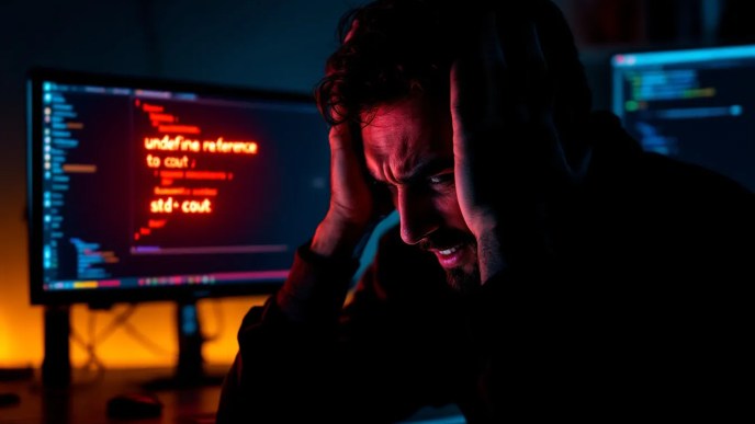 Frustrated programmer looking at a C++ error message 'undefined reference to std::cout' on a VSCode terminal screen.