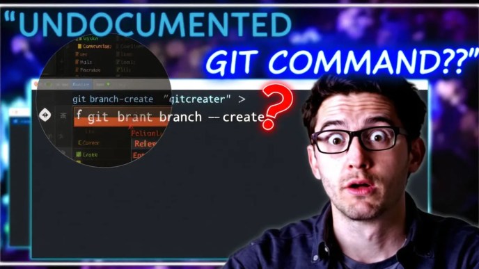 Developer puzzled by an undocumented Git command with a terminal showing `git branch --create` and a question mark hovering over it.